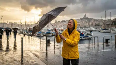 Femme sous la pluie battante sur le Vieux-Port de Marseille
