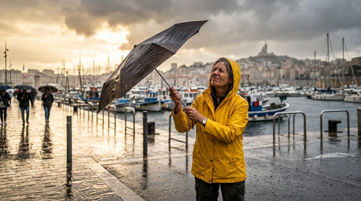 Femme sous la pluie battante sur le Vieux-Port de Marseille