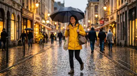 Femme sous la pluie dans une rue de Lille en automne
