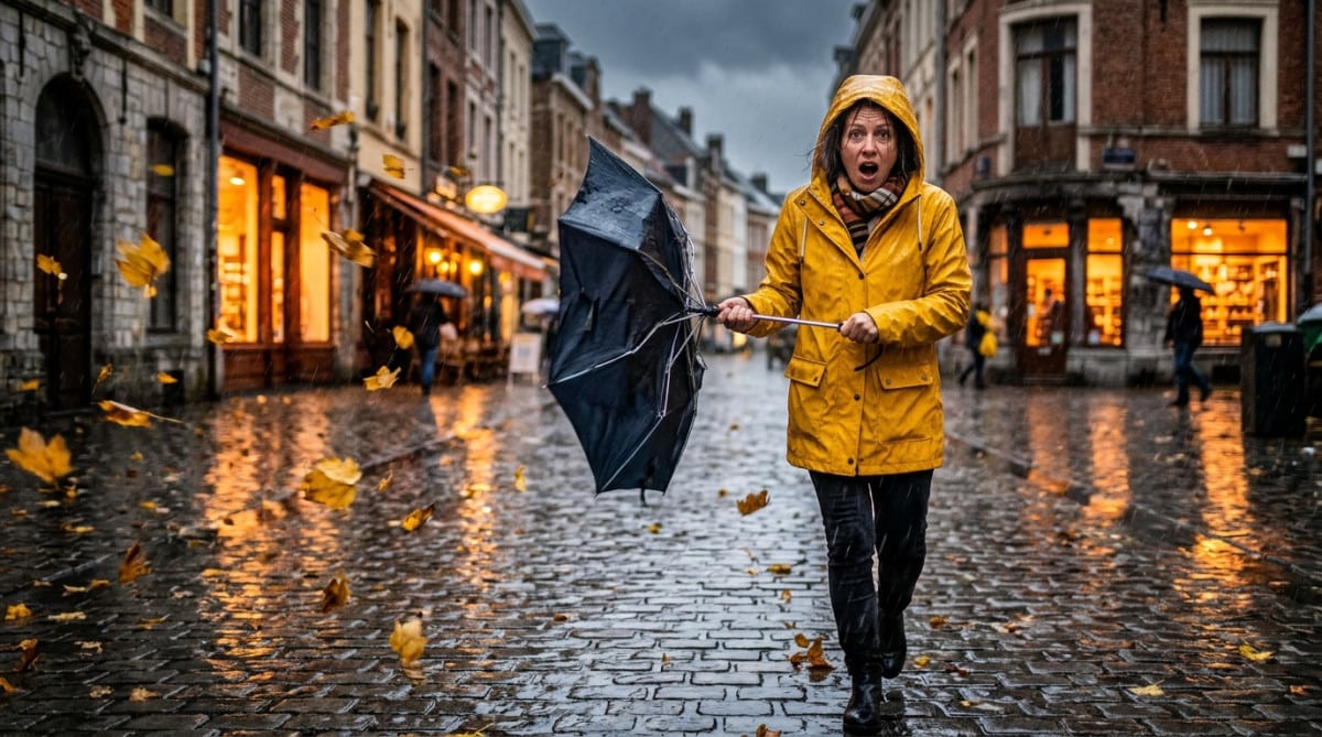 Femme sous la pluie et le vent en automne
