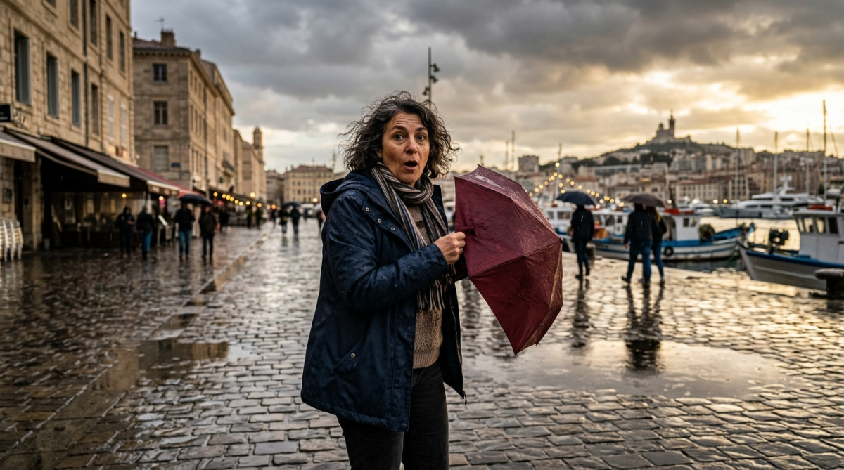 Femme sous un parapluie par temps de pluie à Marseille