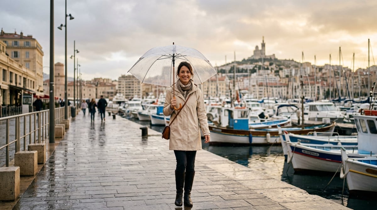 Femme sous un parapluie transparent sur le port de Marseille
