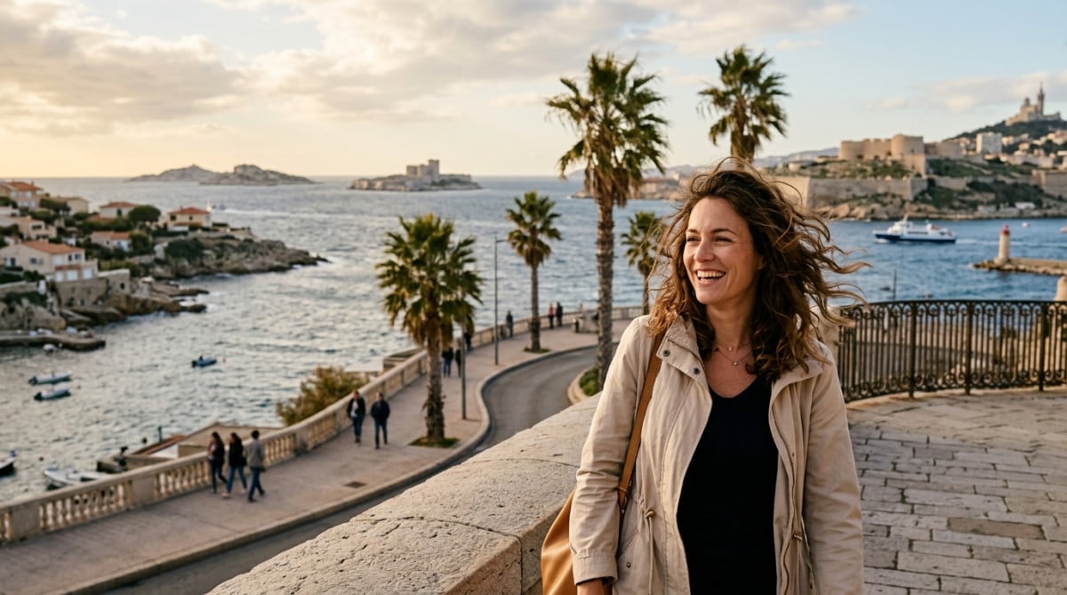 Femme sur la promenade de Marseille un jour de vent