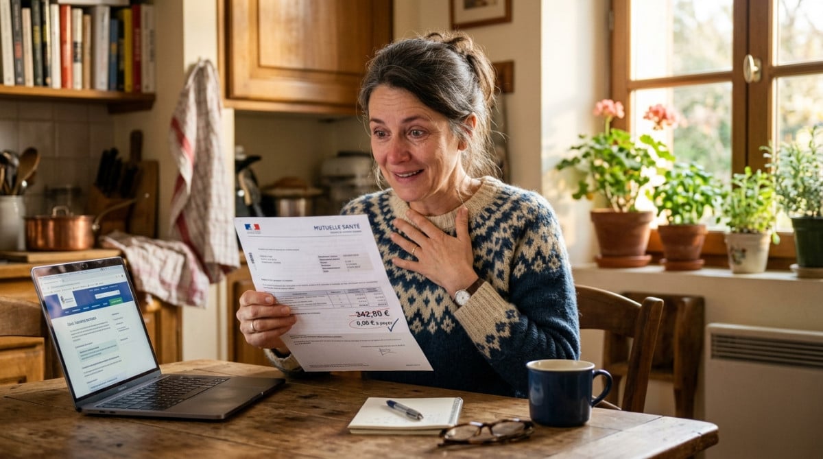 Femme surprise devant sa lettre d'augmentation de mutuelle