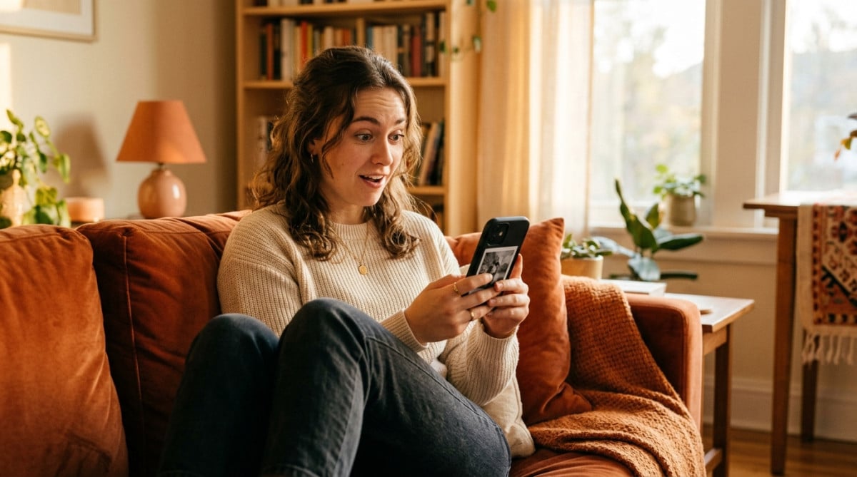 Femme surprise devant un écran de téléphone en noir et blanc