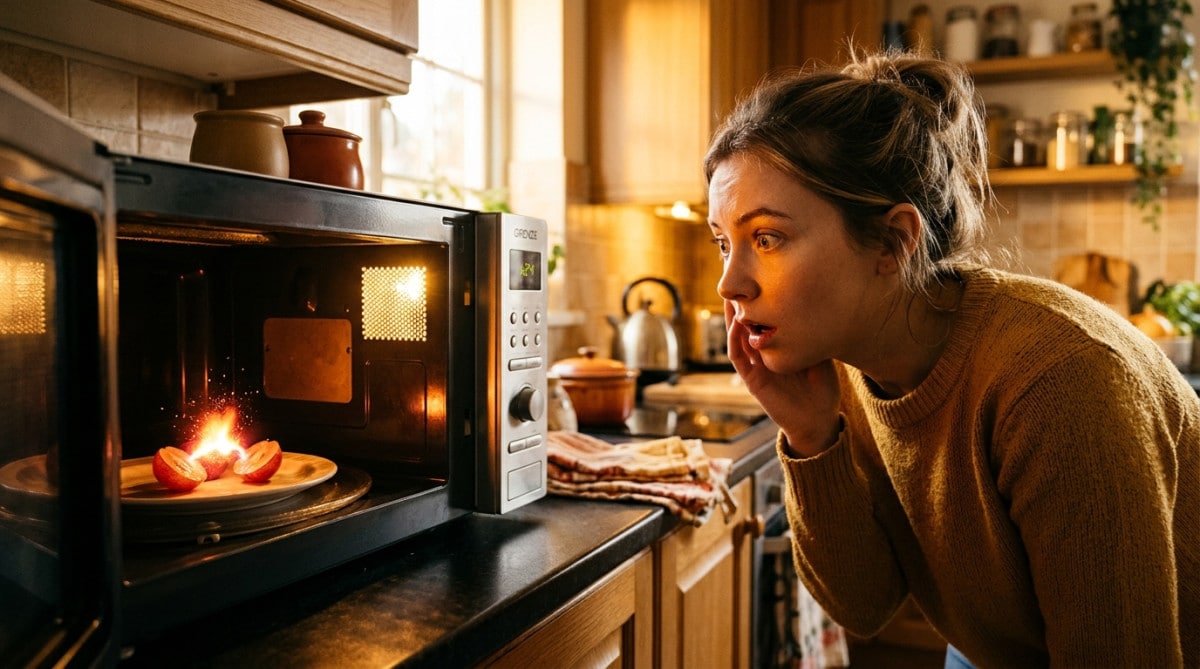 Femme surprise devant un micro-ondes avec un raisin en flammes