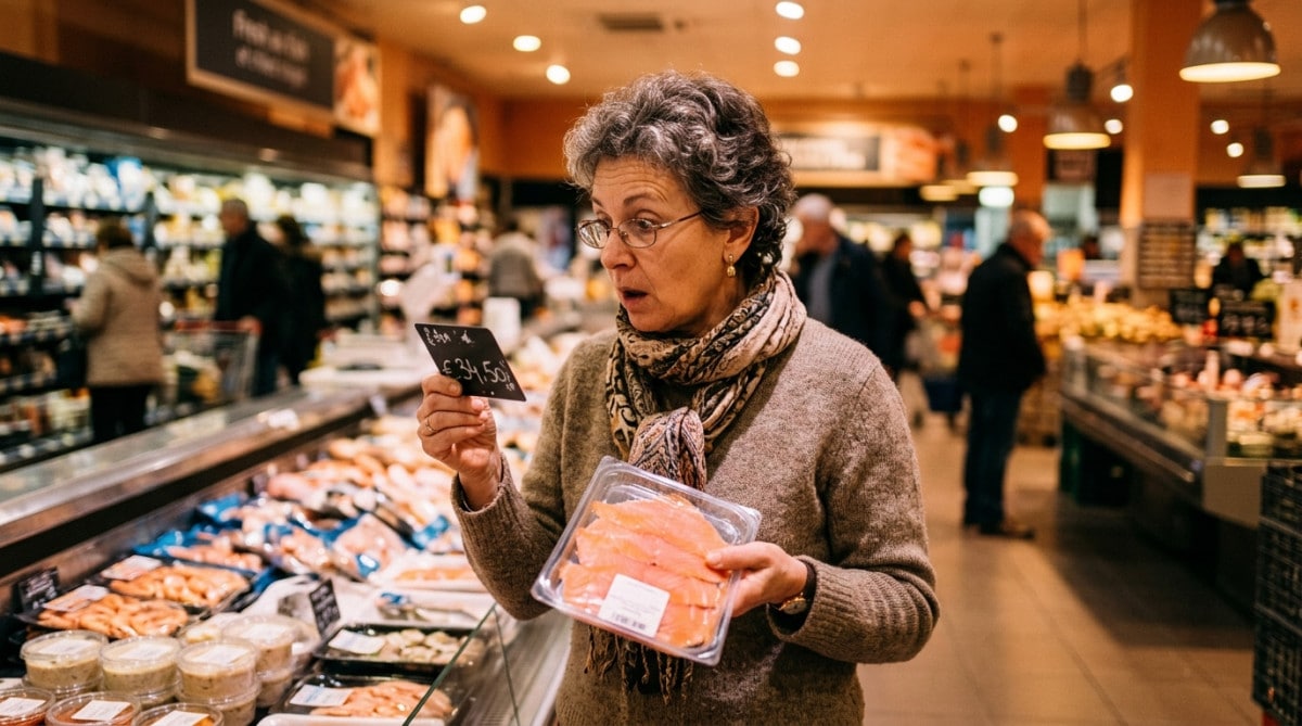 Femme surprise devant une barquette de saumon fumé