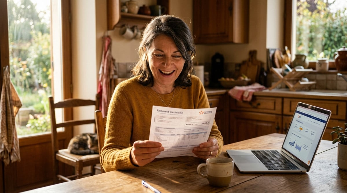 Femme surprise heureuse devant sa facture d'électricité