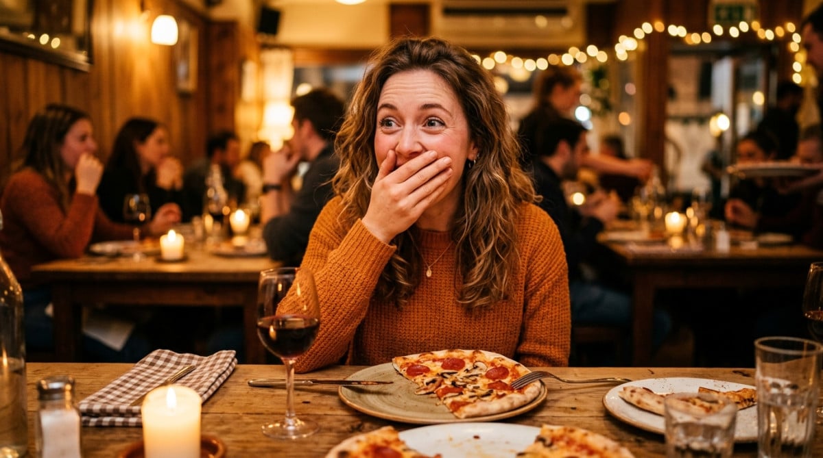 Femme surprise par un hoquet devant sa pizza