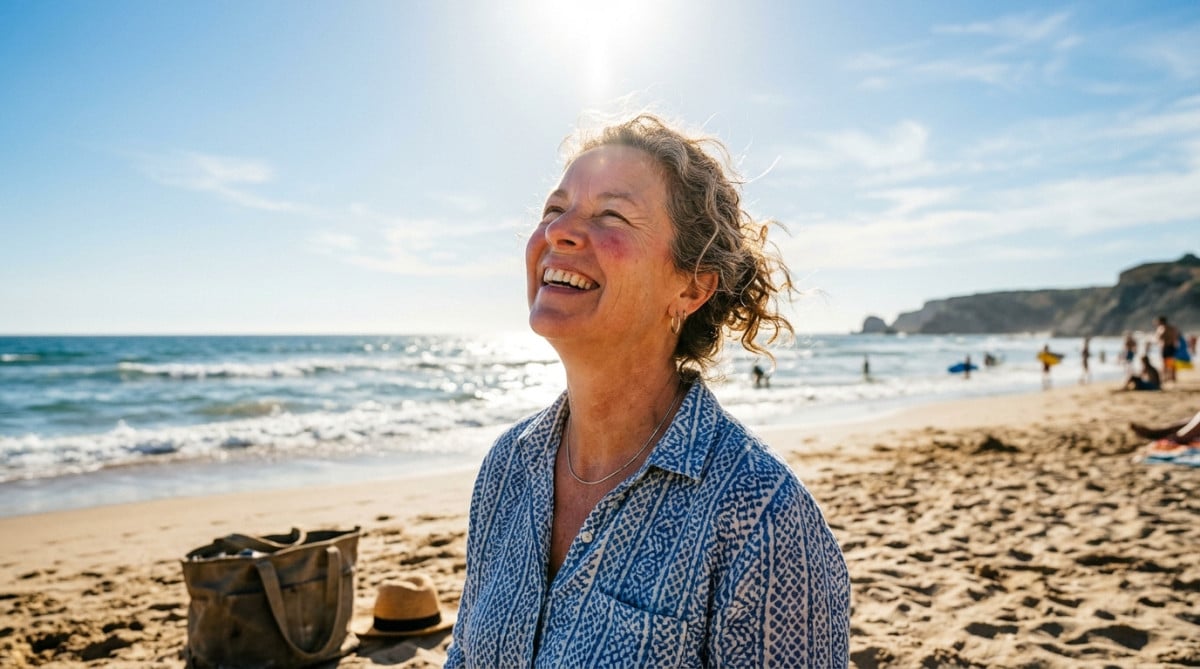 Femme surprise regardant le soleil sur la plage