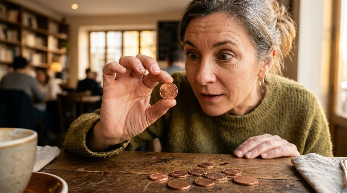 Femme surprise tenant une pièce de 1 centime en cuivre
