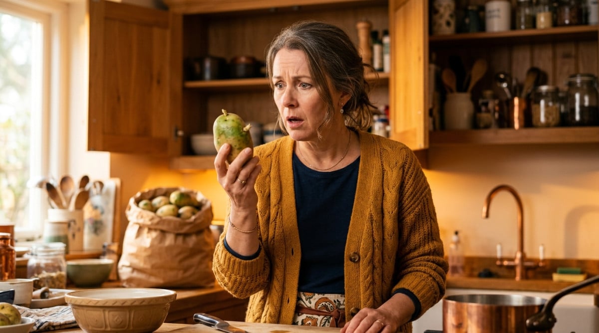 Femme surprise tenant une pomme de terre verdie