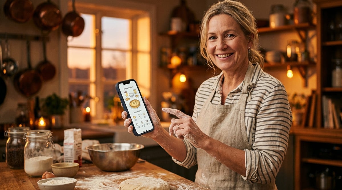 Femme tapotant le dos de son iPhone en cuisine