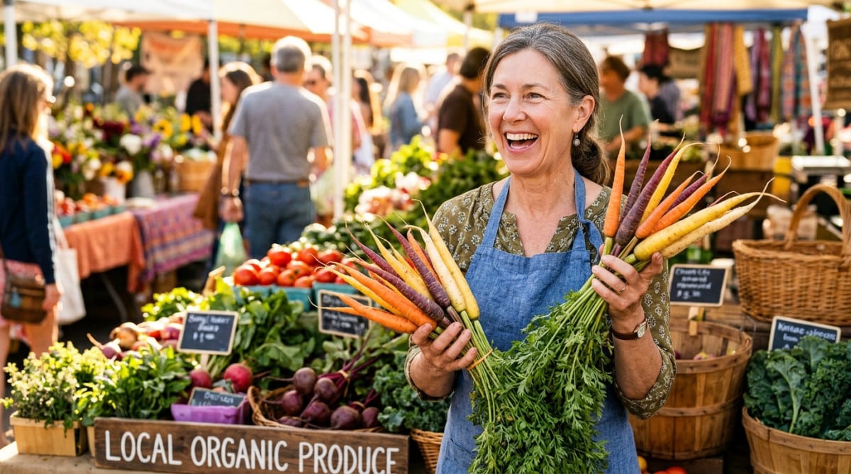 Femme tenant des carottes violettes, jaunes et orange au marché