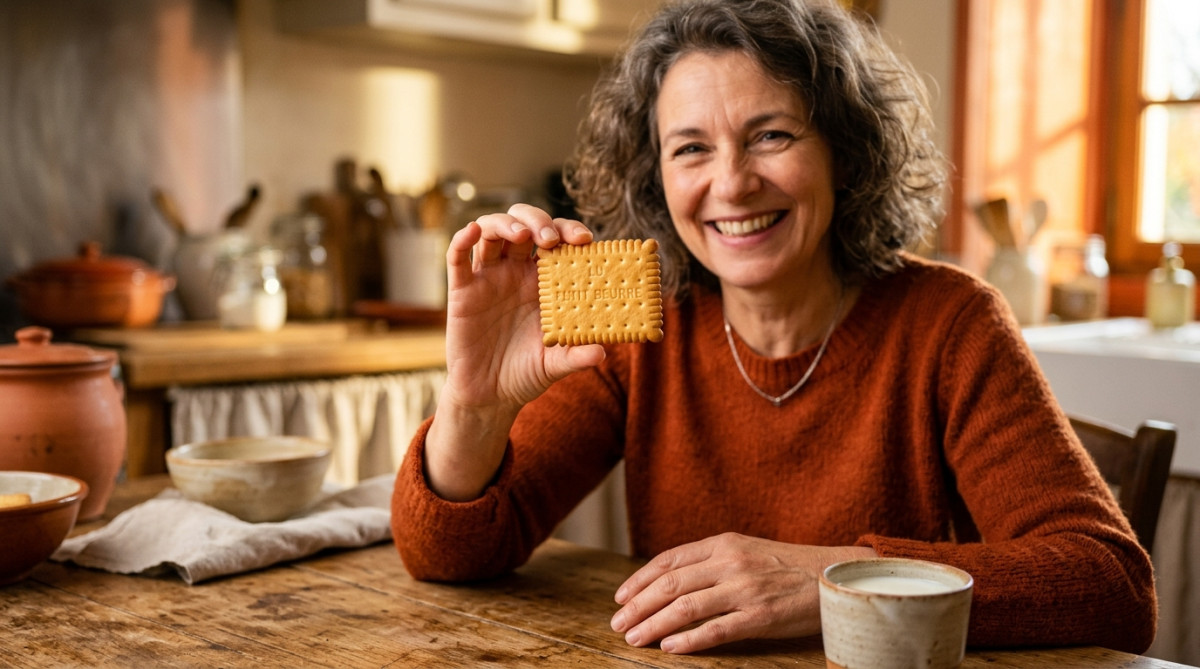Femme tenant un Petit Beurre doré devant une tasse de lait