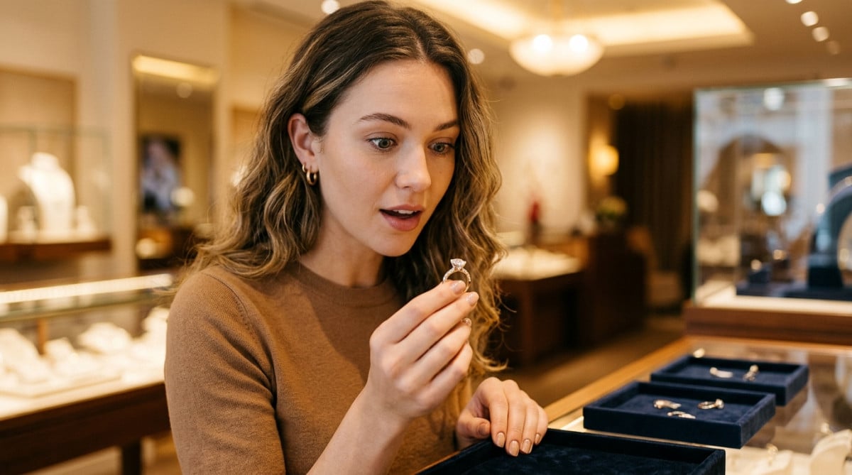 Femme tenant une bague de fiançailles en diamant