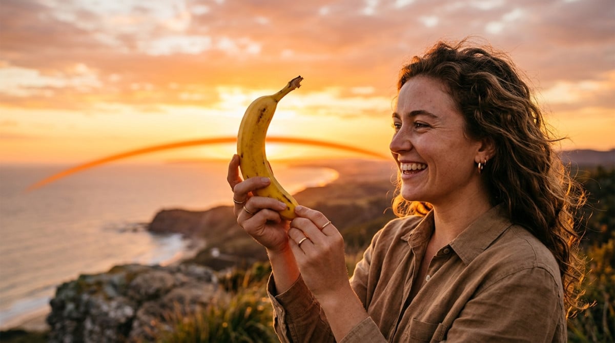 Femme tenant une banane courbée devant un ciel orangé