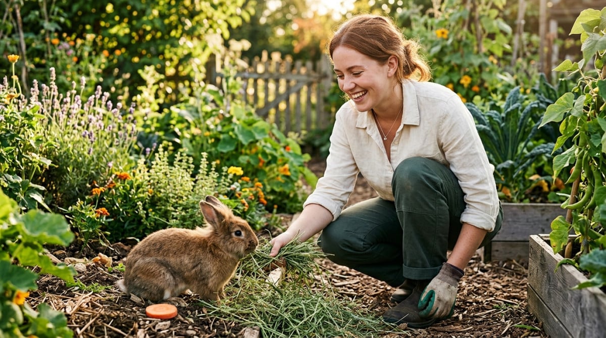 Femme tendant du foin à un lapin dans un jardin