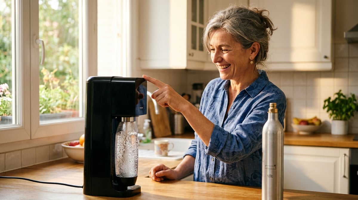 Femme utilisant une machine à eau pétillante dans sa cuisine