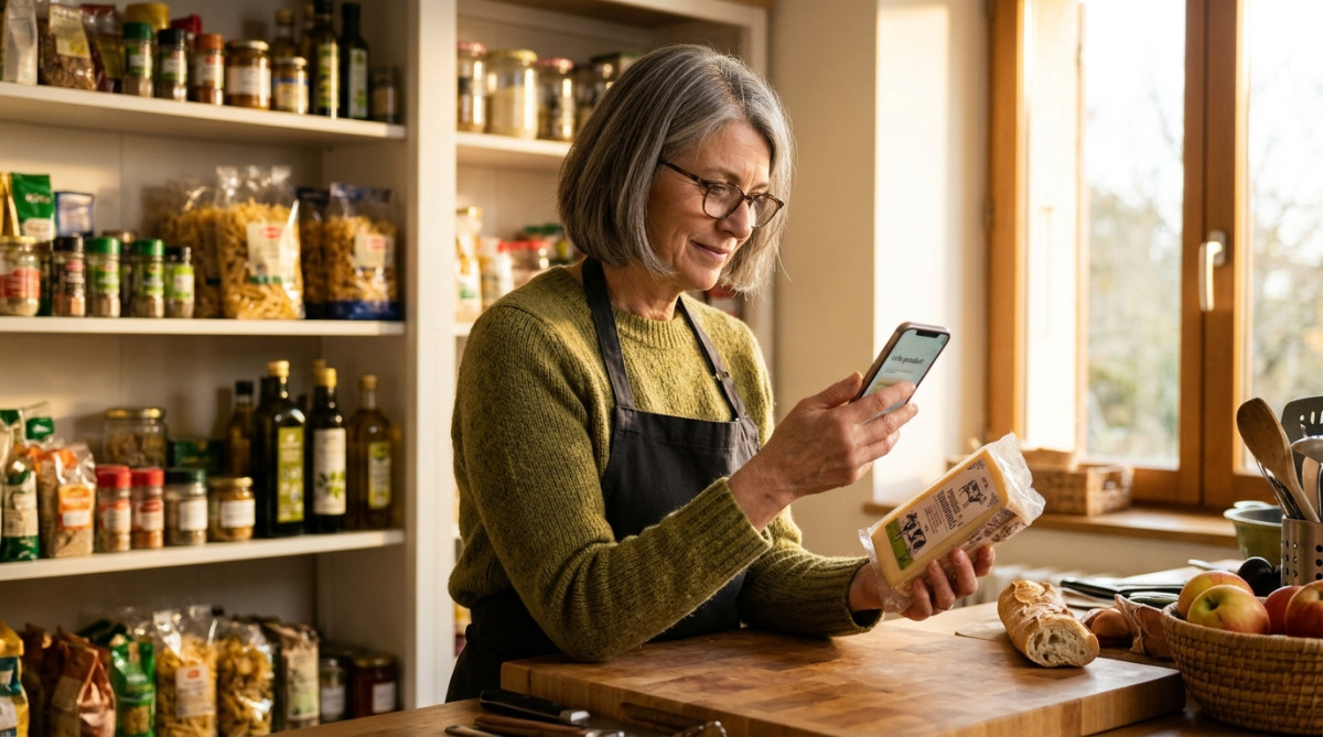 Femme vérifiant un fromage avec son smartphone en cuisine