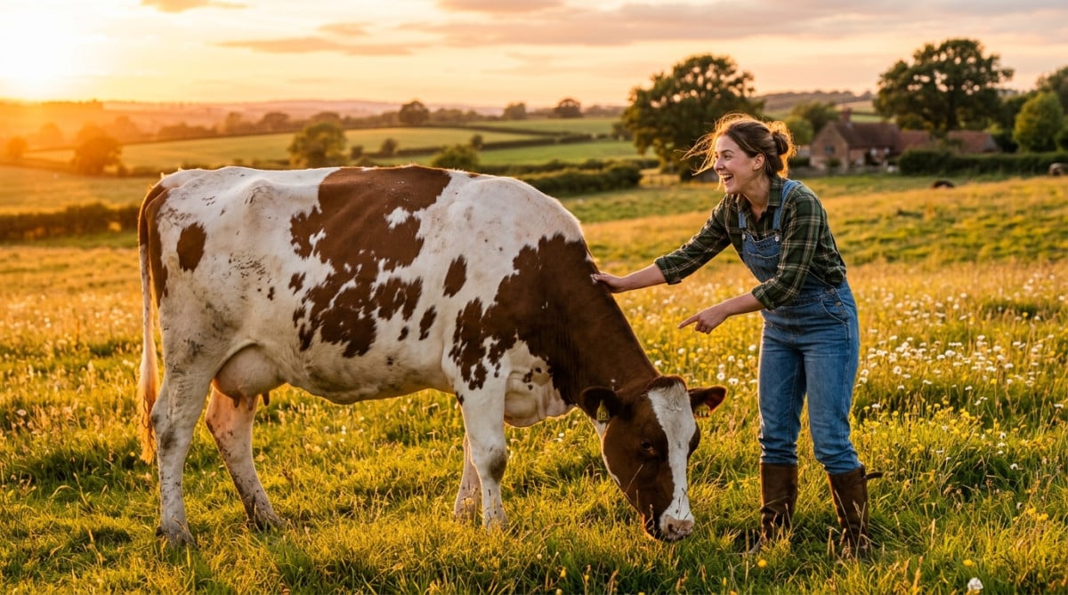 Fermière souriante pointant le ventre d'une vache