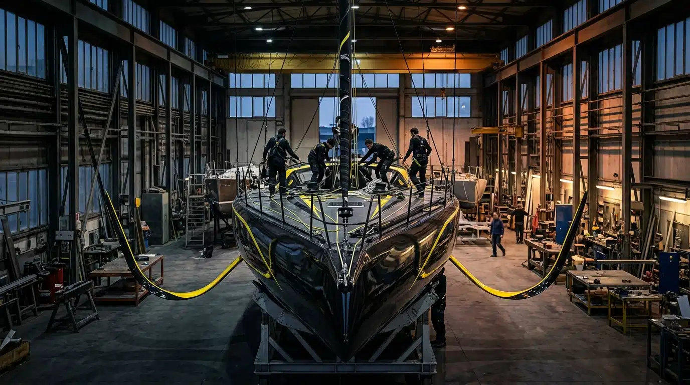 Voilier noir et jaune avec foils dans un chantier