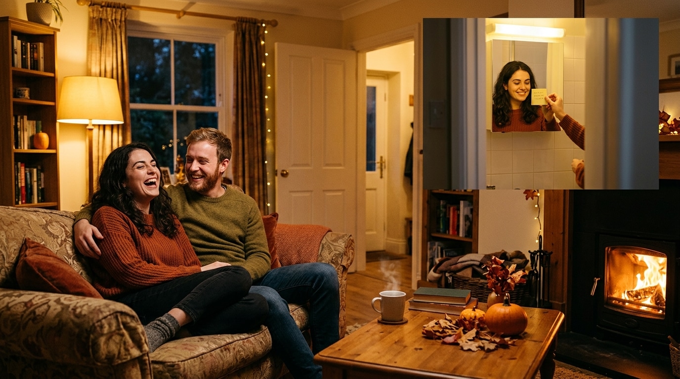 Couple complice laissant un petit mot sur le miroir
