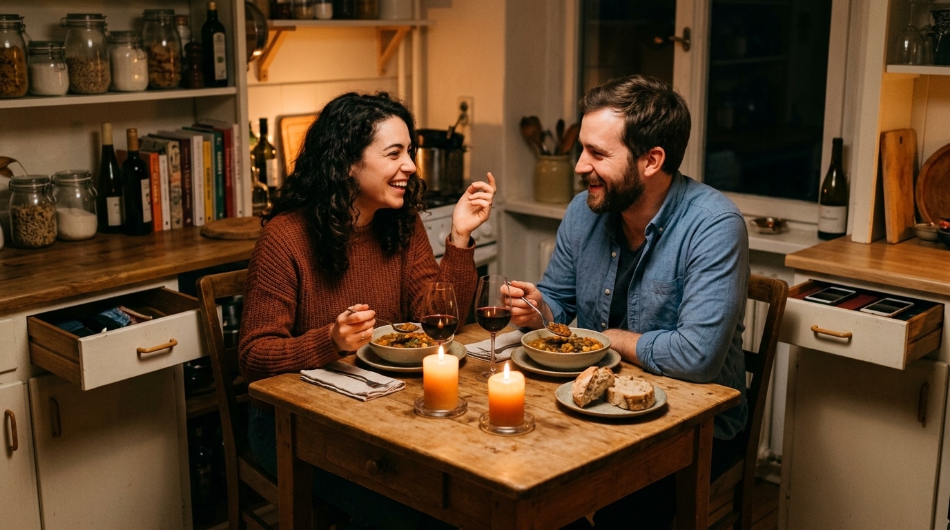 Dîner fait maison à deux, ambiance chaleureuse sans écrans