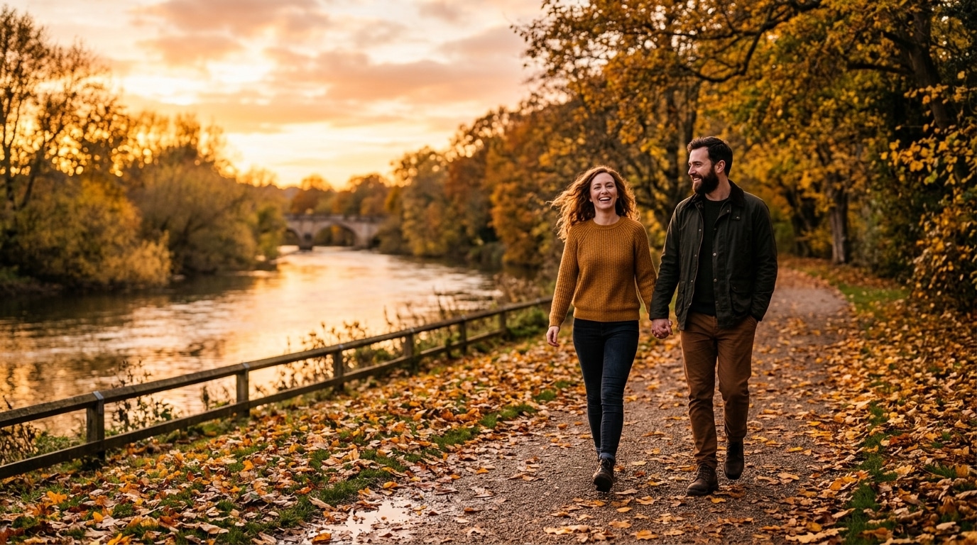Balade en amoureux au coucher du soleil en automne