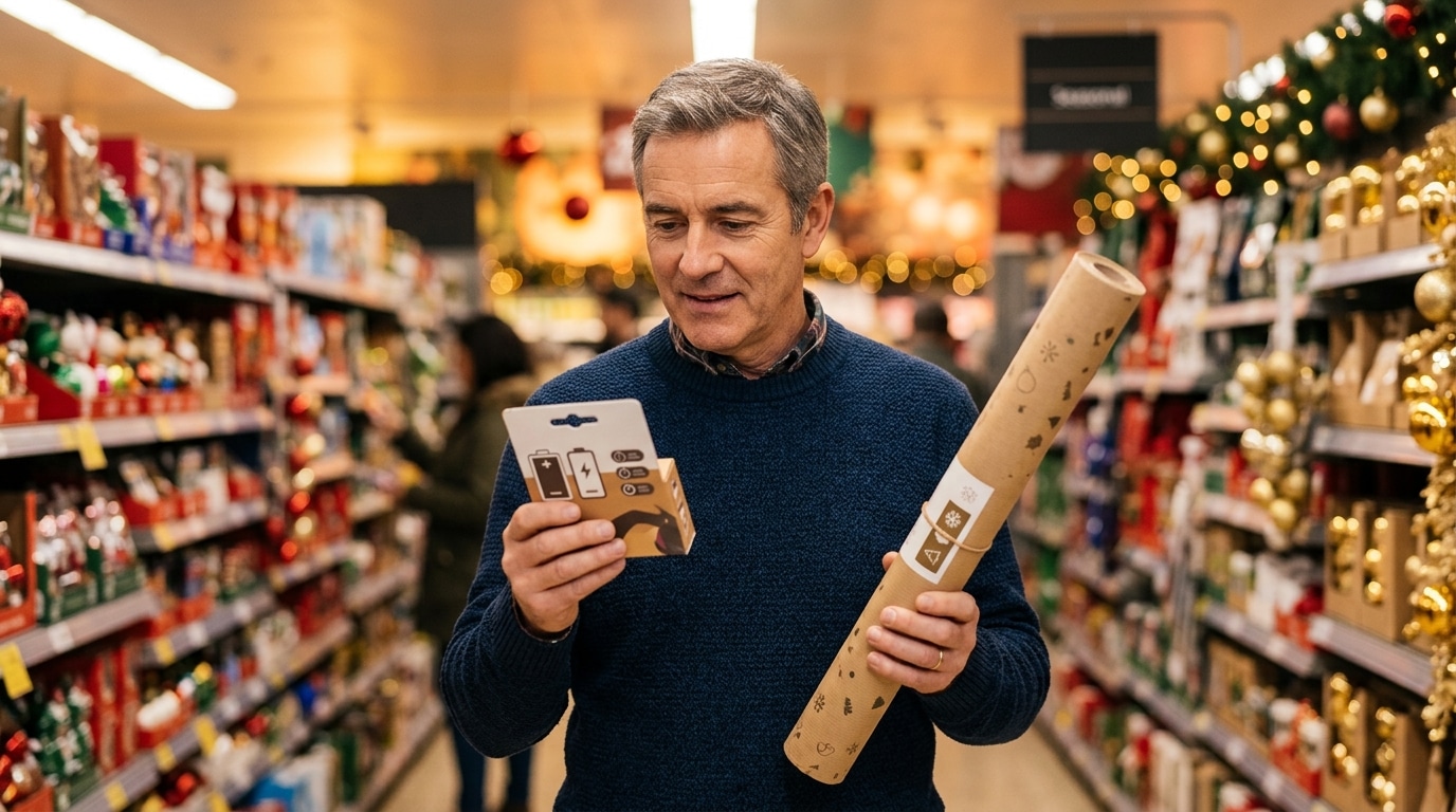 Homme comparant piles et rouleaux de papier cadeau en magasin