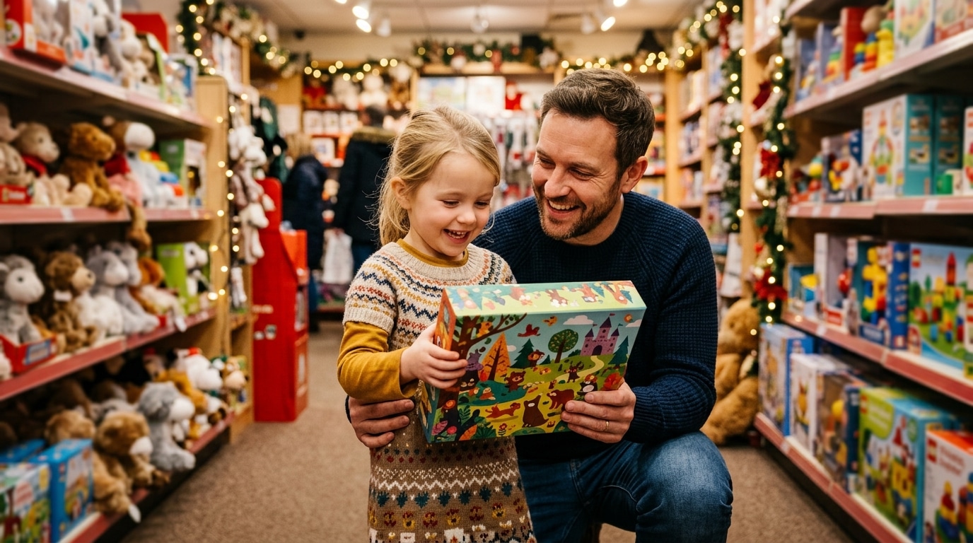Père et fille choisissant un jeu de société au rayon jouets