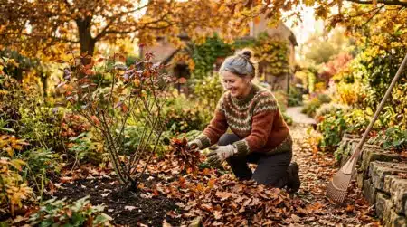Femme étalant des feuilles mortes en paillage au pied d'un rosier