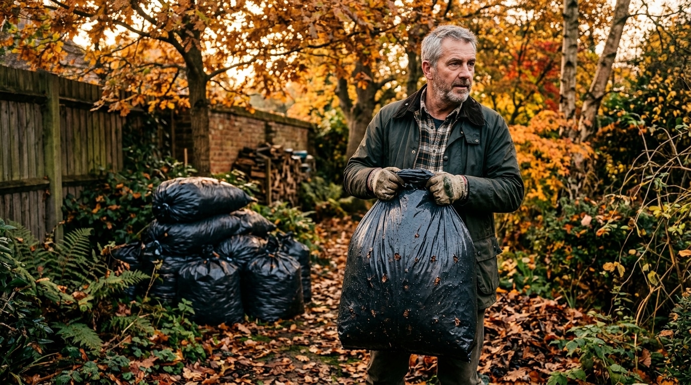 Sacs de feuilles humides stockés dans un coin de jardin