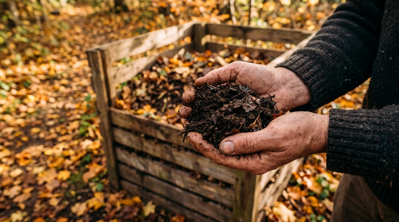 Mains tenant du terreau de feuilles maison près d'un composteur