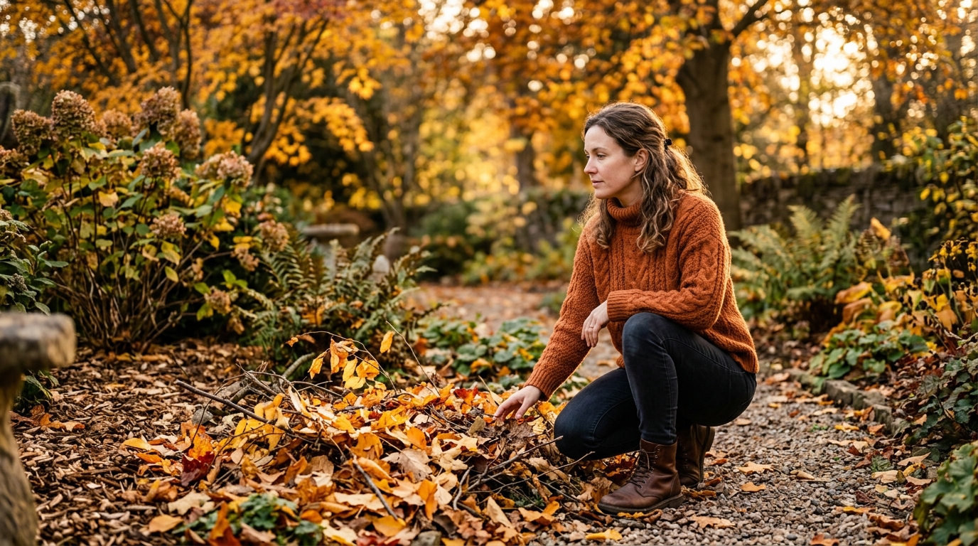 Femme près d'un tas de feuilles mortes au jardin