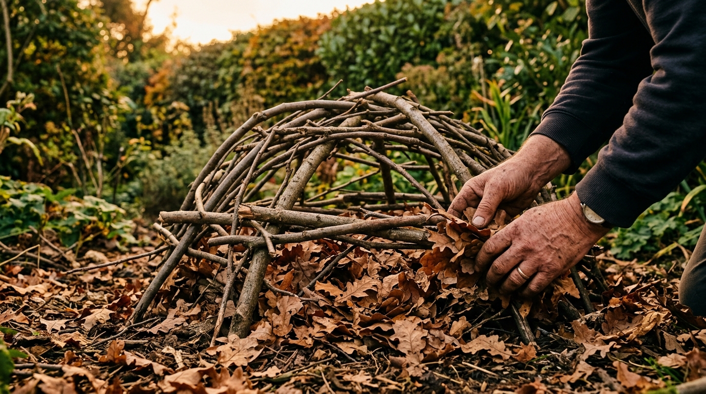 Mains construisant un abri de branches et feuilles