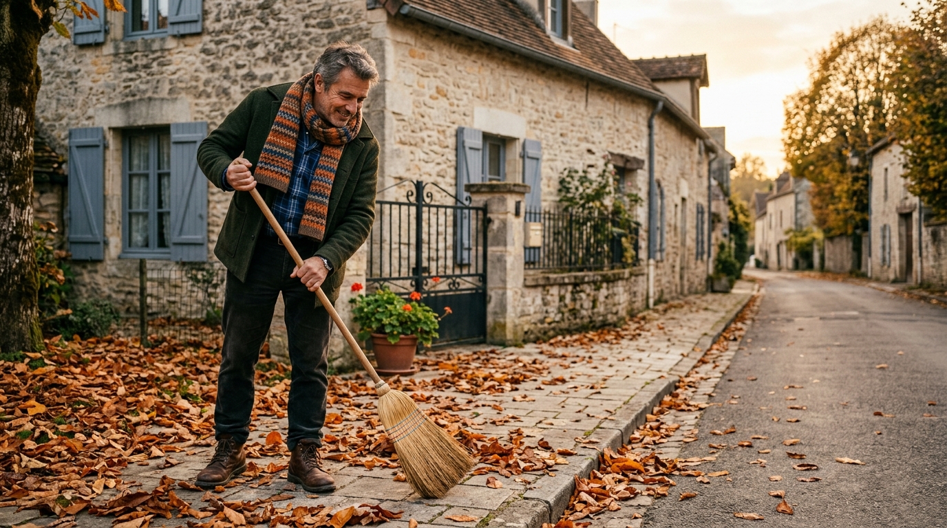 Homme balayant des feuilles mortes sur le trottoir devant sa maison