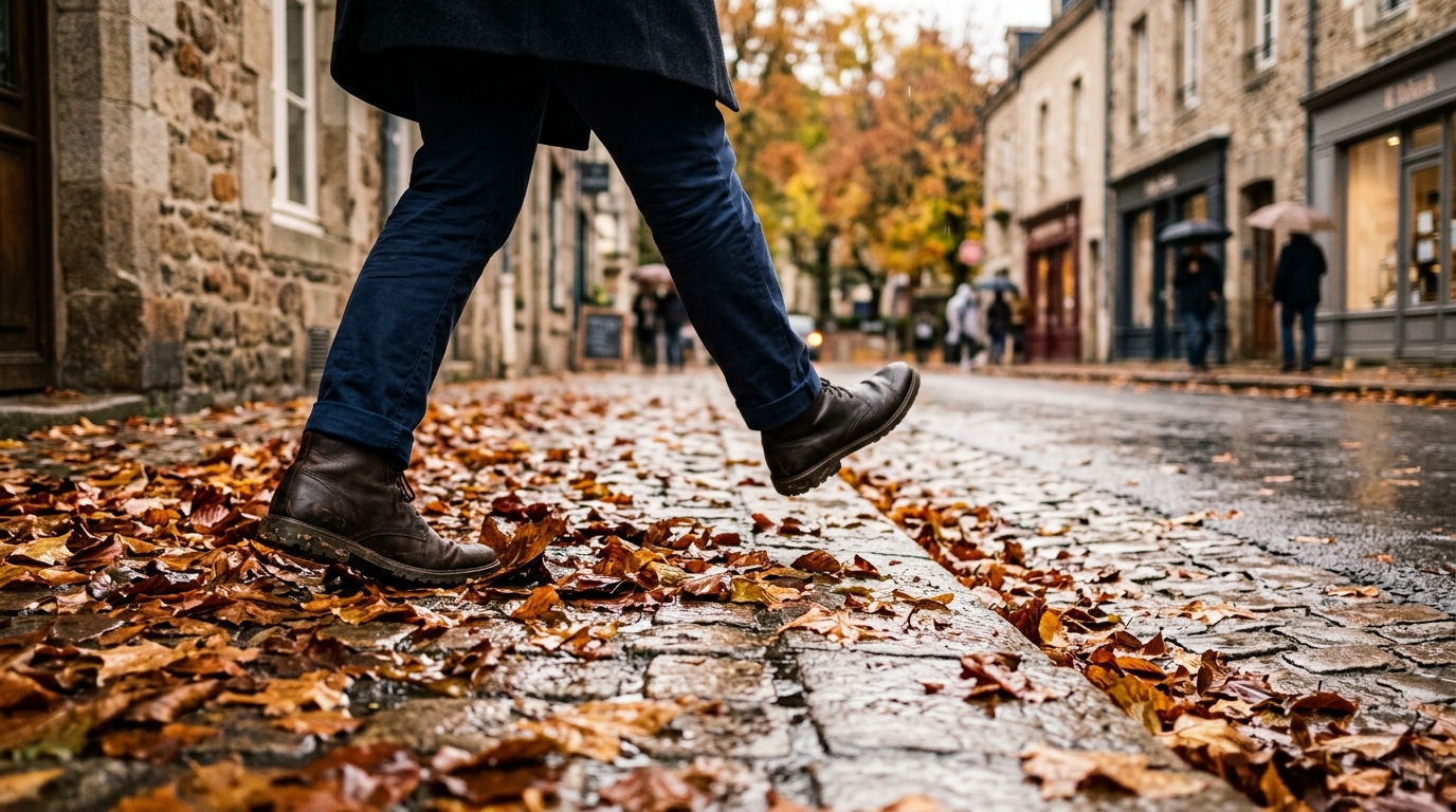 Feuilles mortes mouillées glissantes sur un trottoir en automne