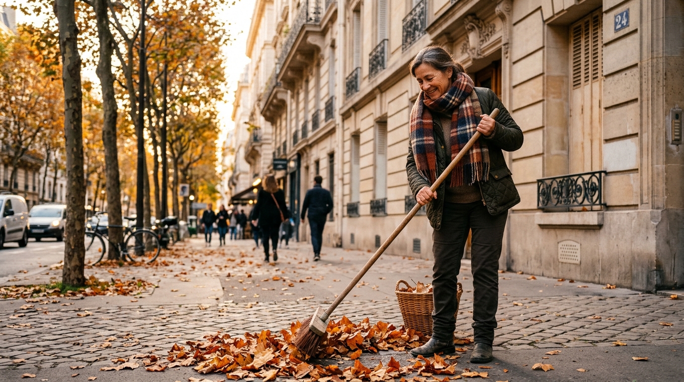 Femme balayant les feuilles mortes devant sa maison
