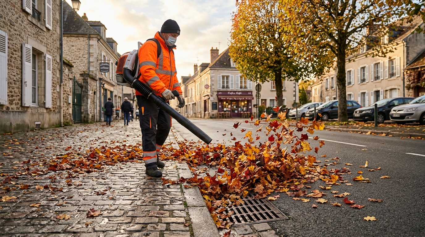 Agent municipal soufflant les feuilles près d'une bouche d'égout