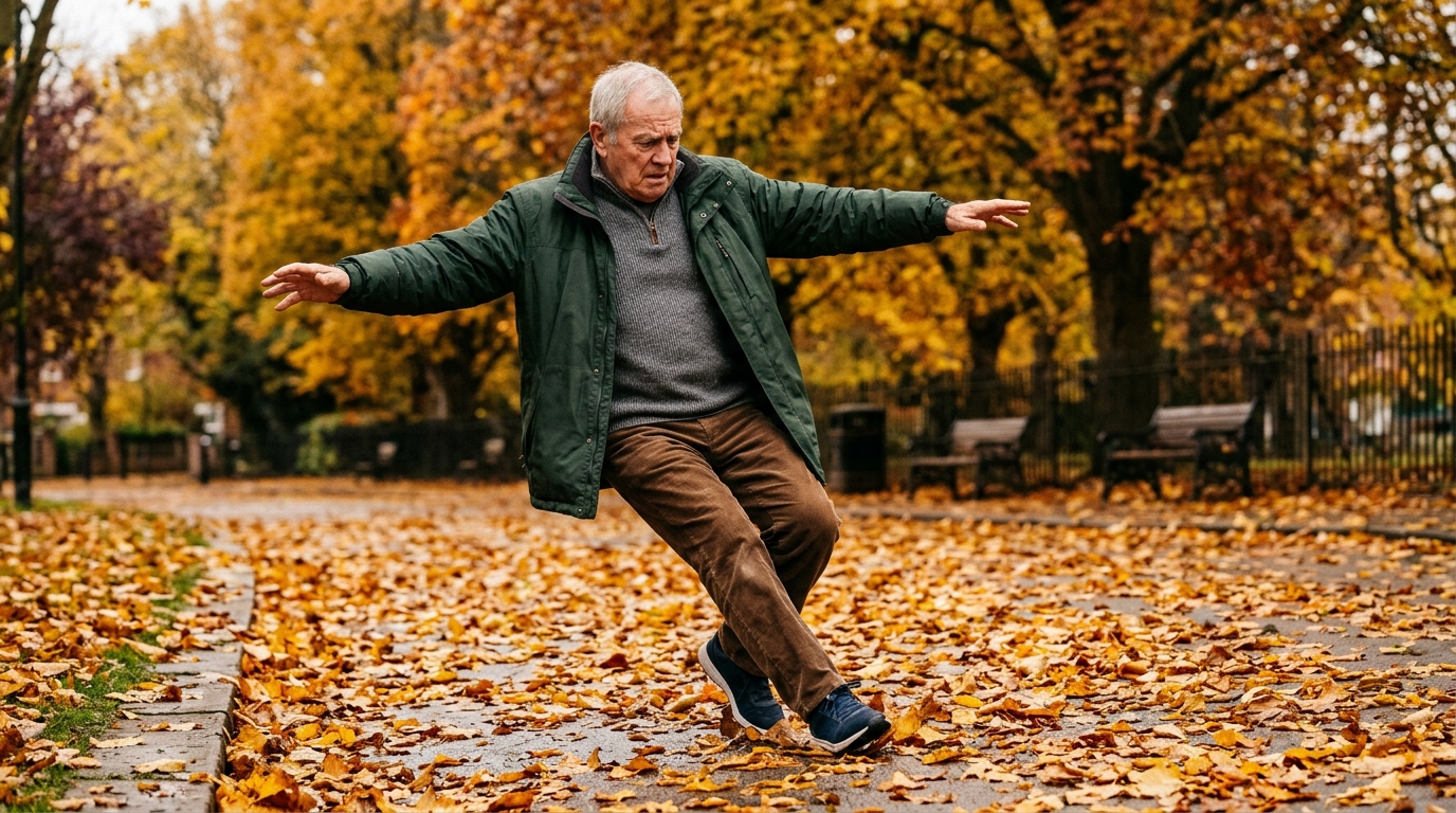 Homme glissant sur des feuilles mouillées sur le trottoir