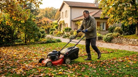 Jardinier broyant des feuilles mortes à la tondeuse sur la pelouse