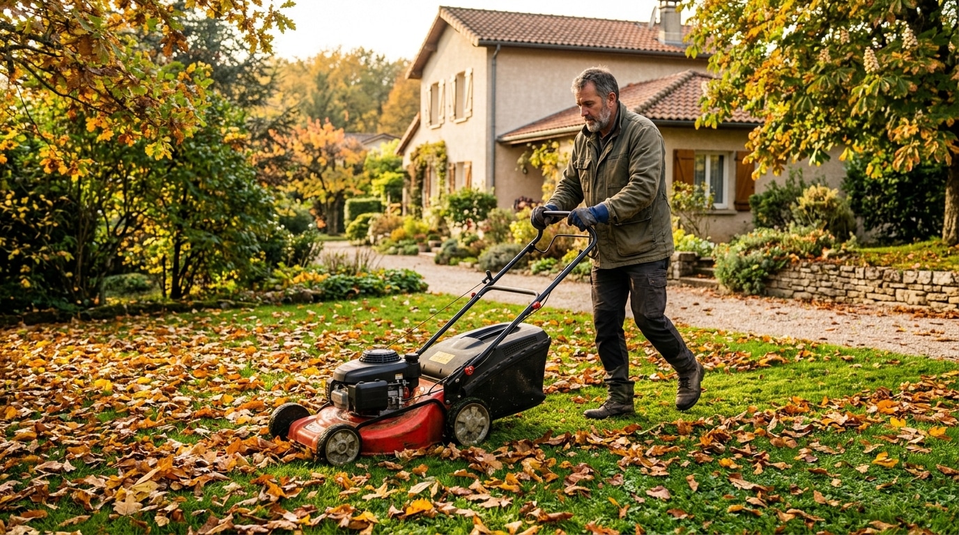 Jardinier broyant des feuilles mortes à la tondeuse sur la pelouse