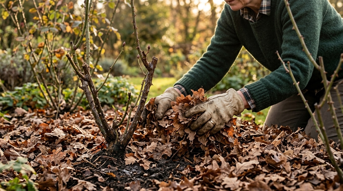 Feuilles mortes étalées en paillis au pied des rosiers