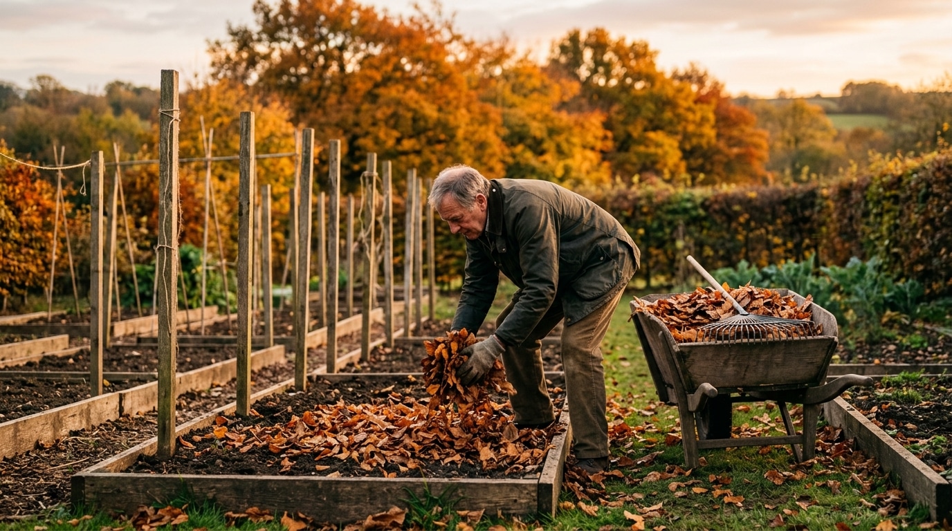 Planches de potager couvertes de feuilles d'automne