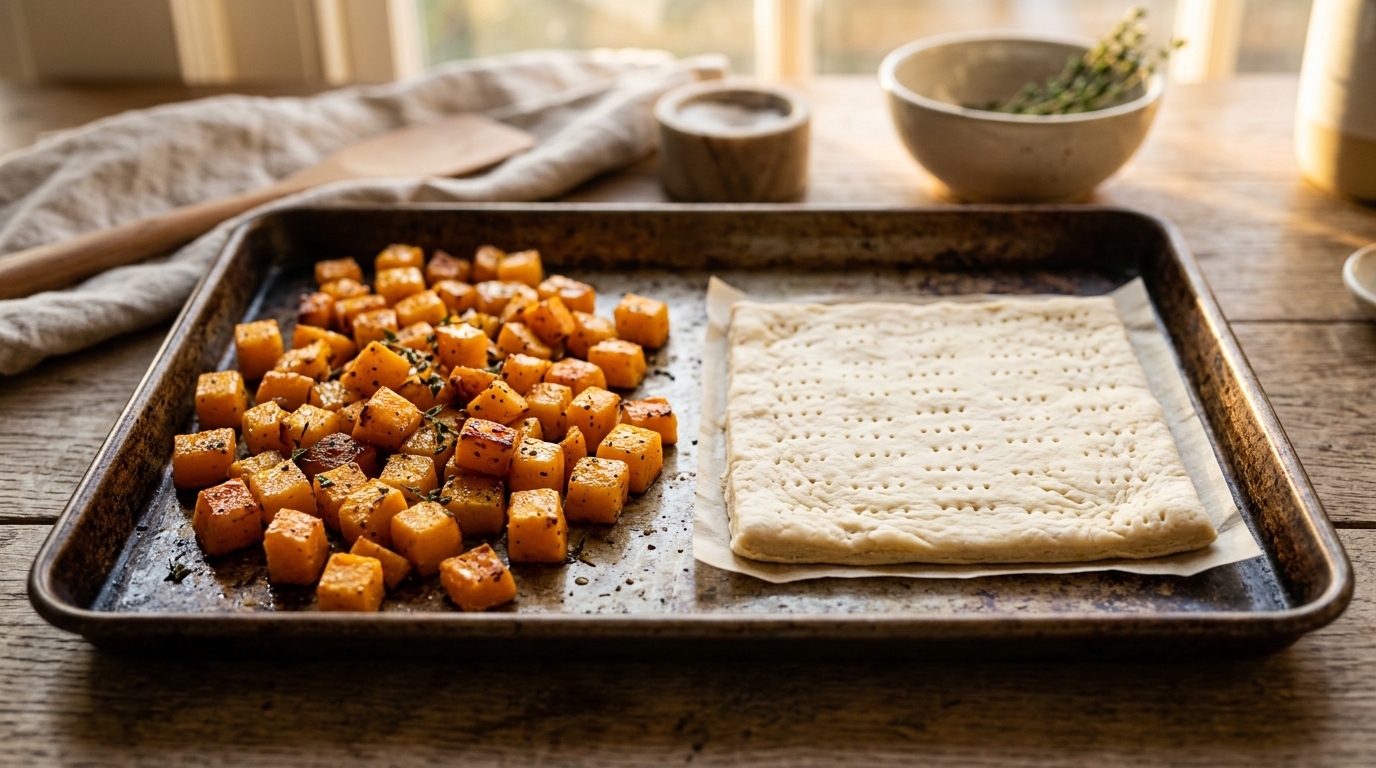 Dés de butternut rôtis et carrés de pâte feuilletée