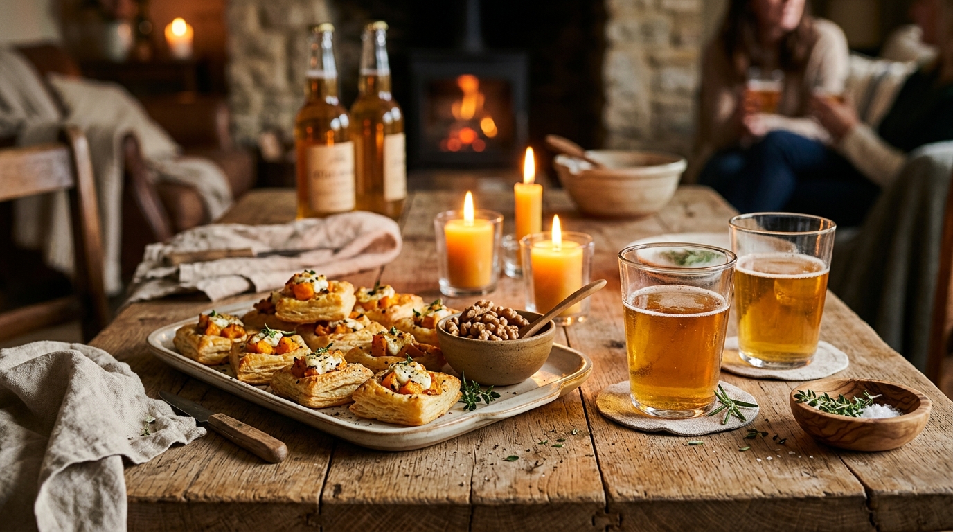 Table d'apéro d'automne avec feuilletés à la courge