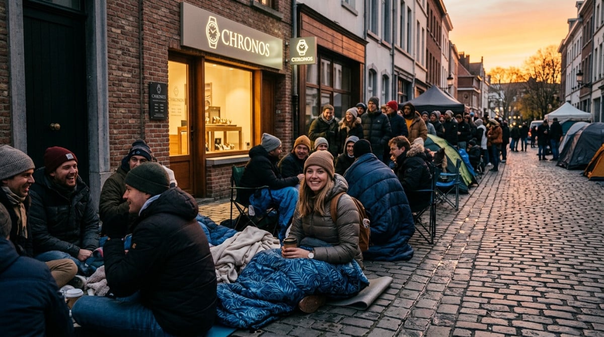 File d'attente devant une boutique de montres à l'aube