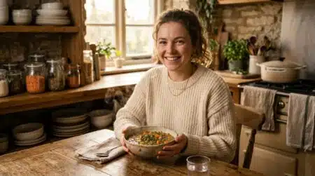 Femme souriante avec un bol de lentilles aux carottes