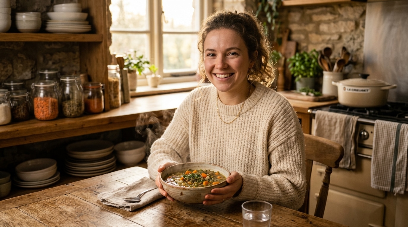 Femme souriante avec un bol de lentilles aux carottes